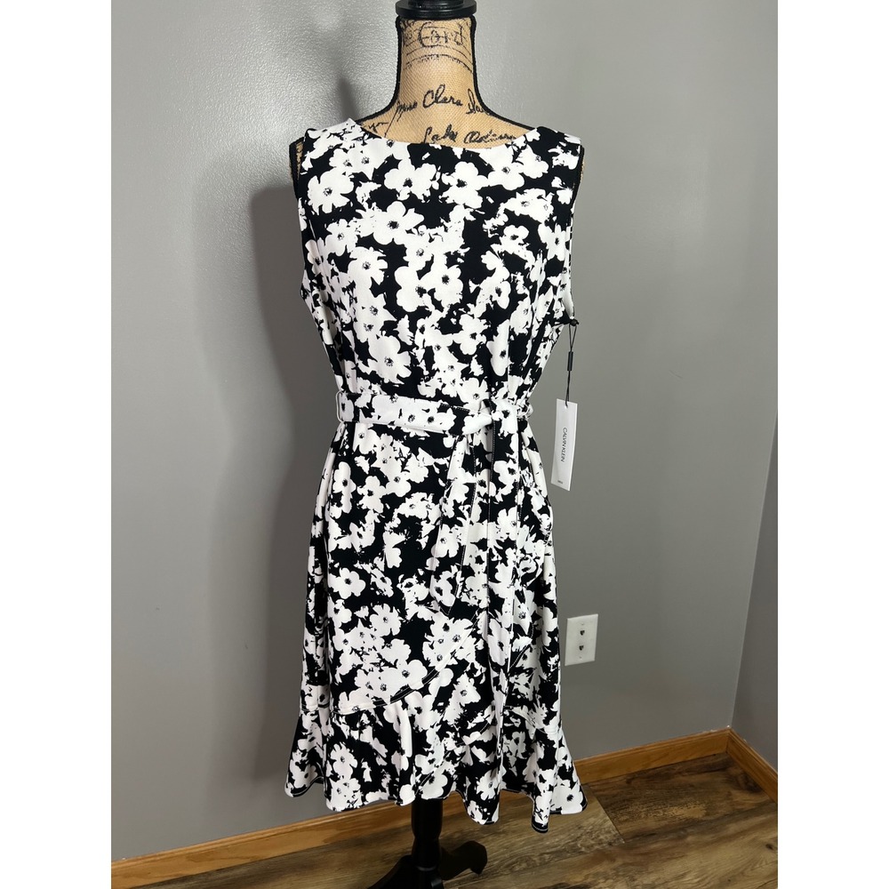 Calvin Klein Womens Black White Floral Belted Ruffle Hem Dress career office